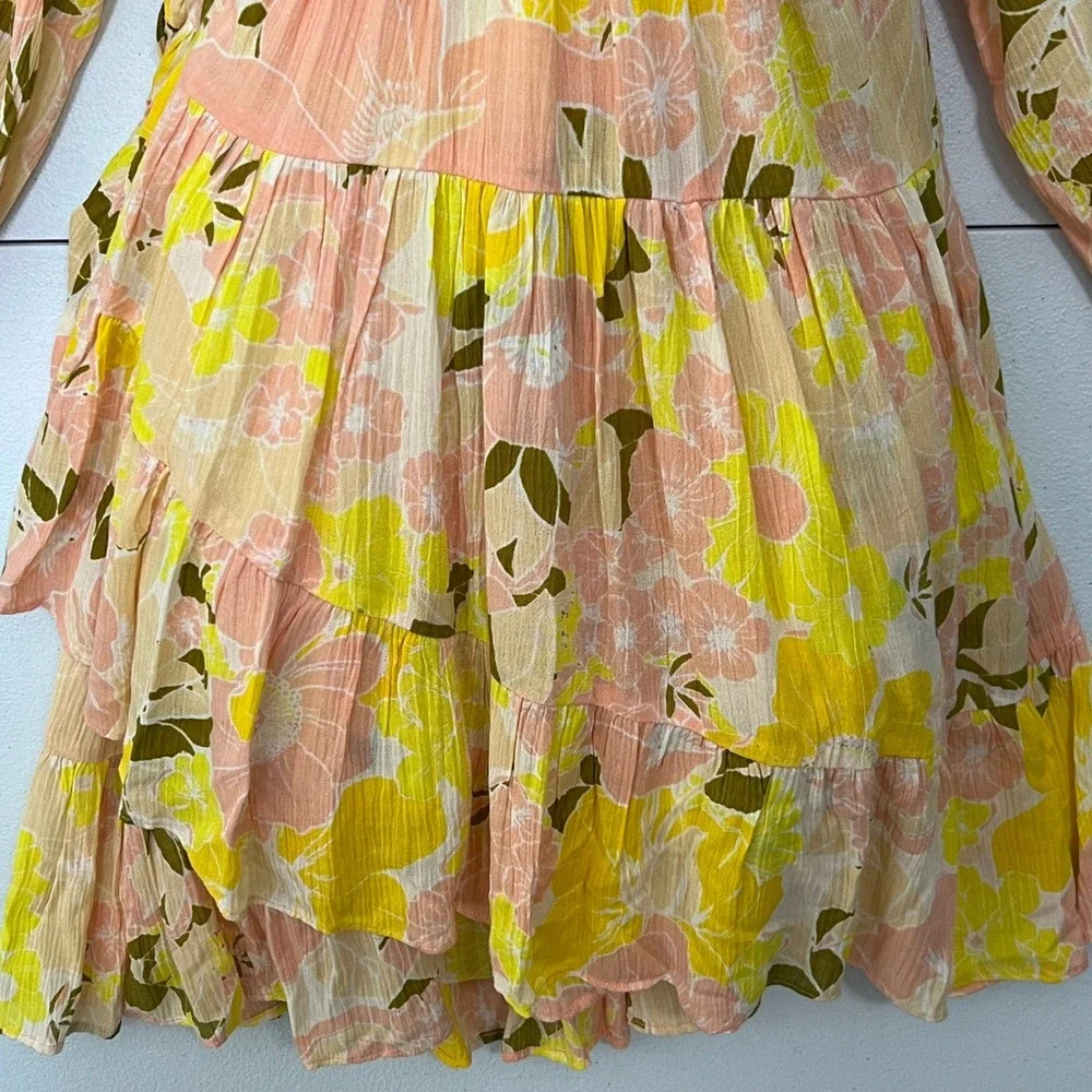 Free‎ People Tunic Top Mini Dress XS Yellow Floral Wrap Tiered Ruffle Boho Gauze